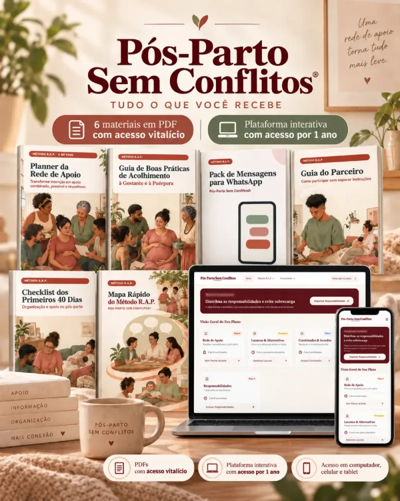 Materiais do Pós-Parto Sem Conflitos: seis guias em PDF do Método R.A.P. e a plataforma interativa aberta no computador e no celular